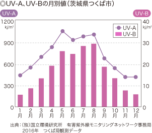 ◎UV-A、UV-Bの月別値（茨城県つくば市）